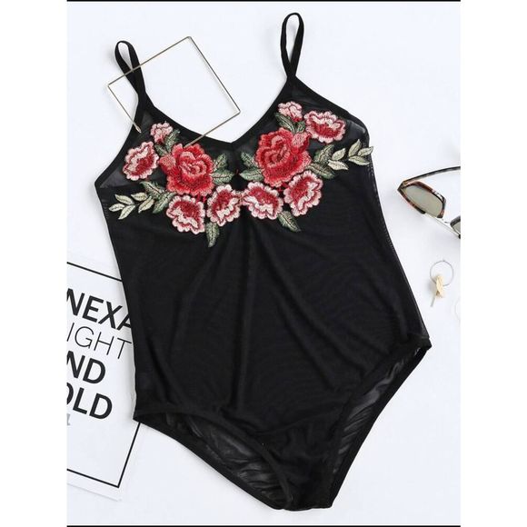 Urban Outfitters Tops - Mesh bodysuit floral embroidery roses v-neck sheer see through spaghetti strap